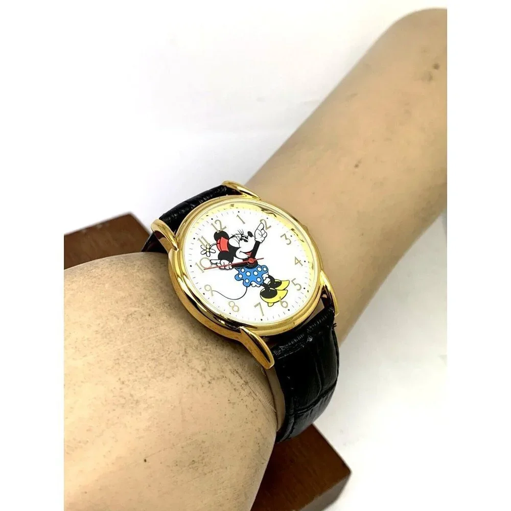Disney Women's Watch Minnie Mouse WDS000410 Quartz Gold 35mm Black Leather Strap
